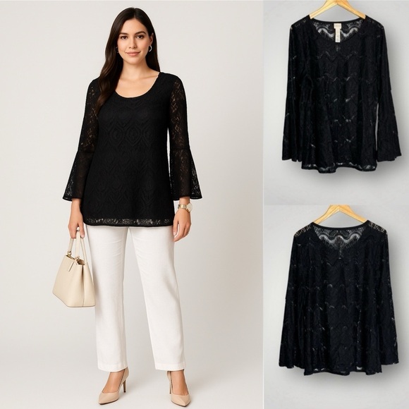 Chico's Tops - NWOT Chico’s Delicate Lace Flare Sleeve Top XL Sheer Romantic Layer Piece Black